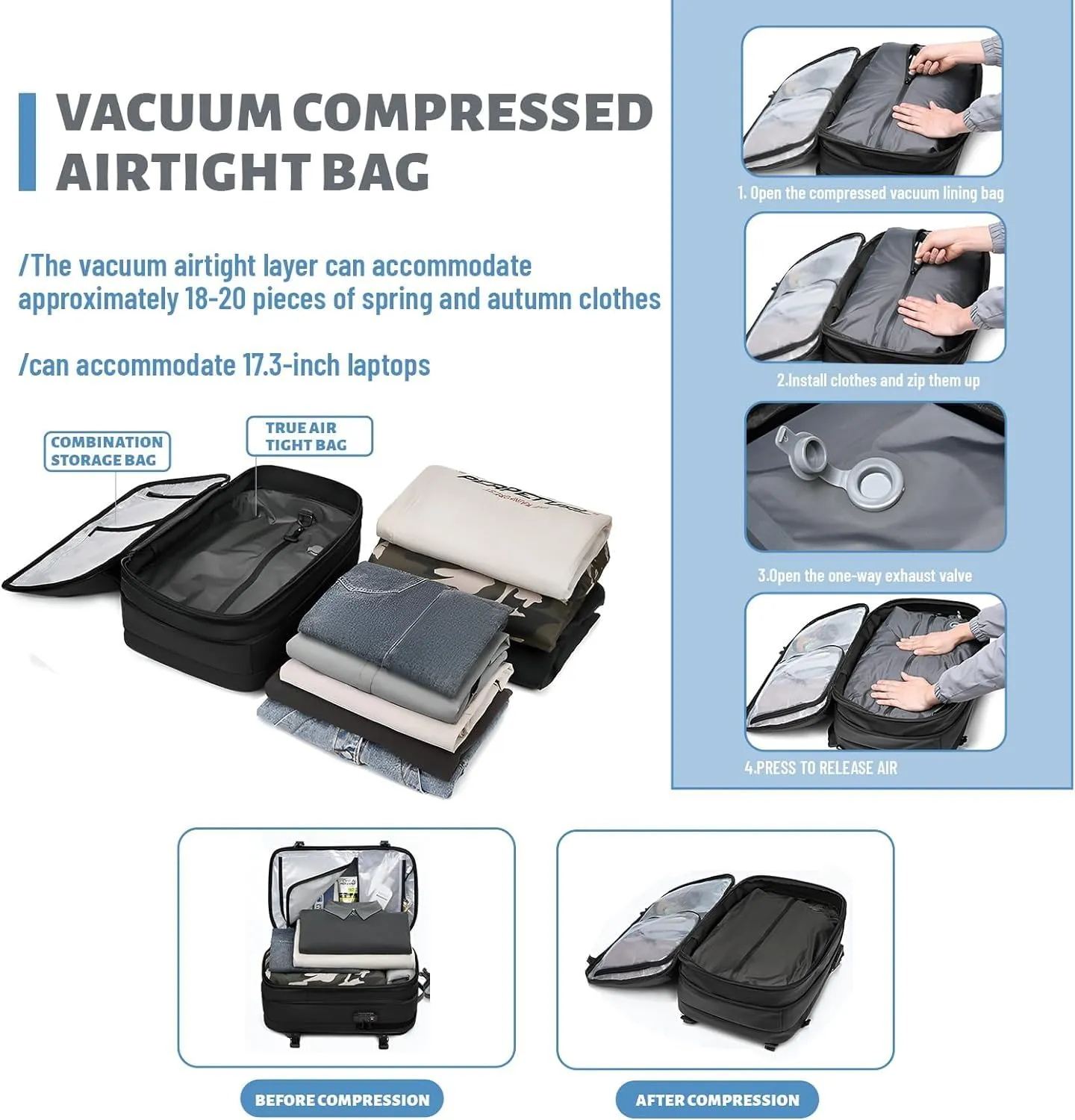 Spacevac Pro Backpack (60 L), Equipped with 1200 Mah Electric Air Pump, Space Vac Pro Large CapacityAnti-Theft Backpack (Gray)