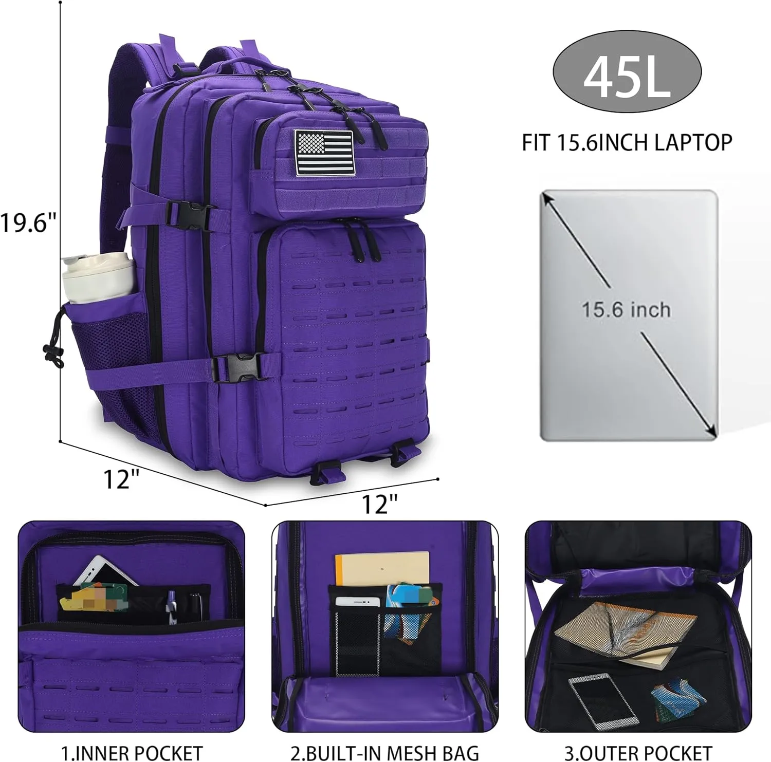 Sparklekle Military Tactical Backpack 45L 3 Day Assault Pack Waterproof Molle Hiking Rucksack for Men&Women (Purple)