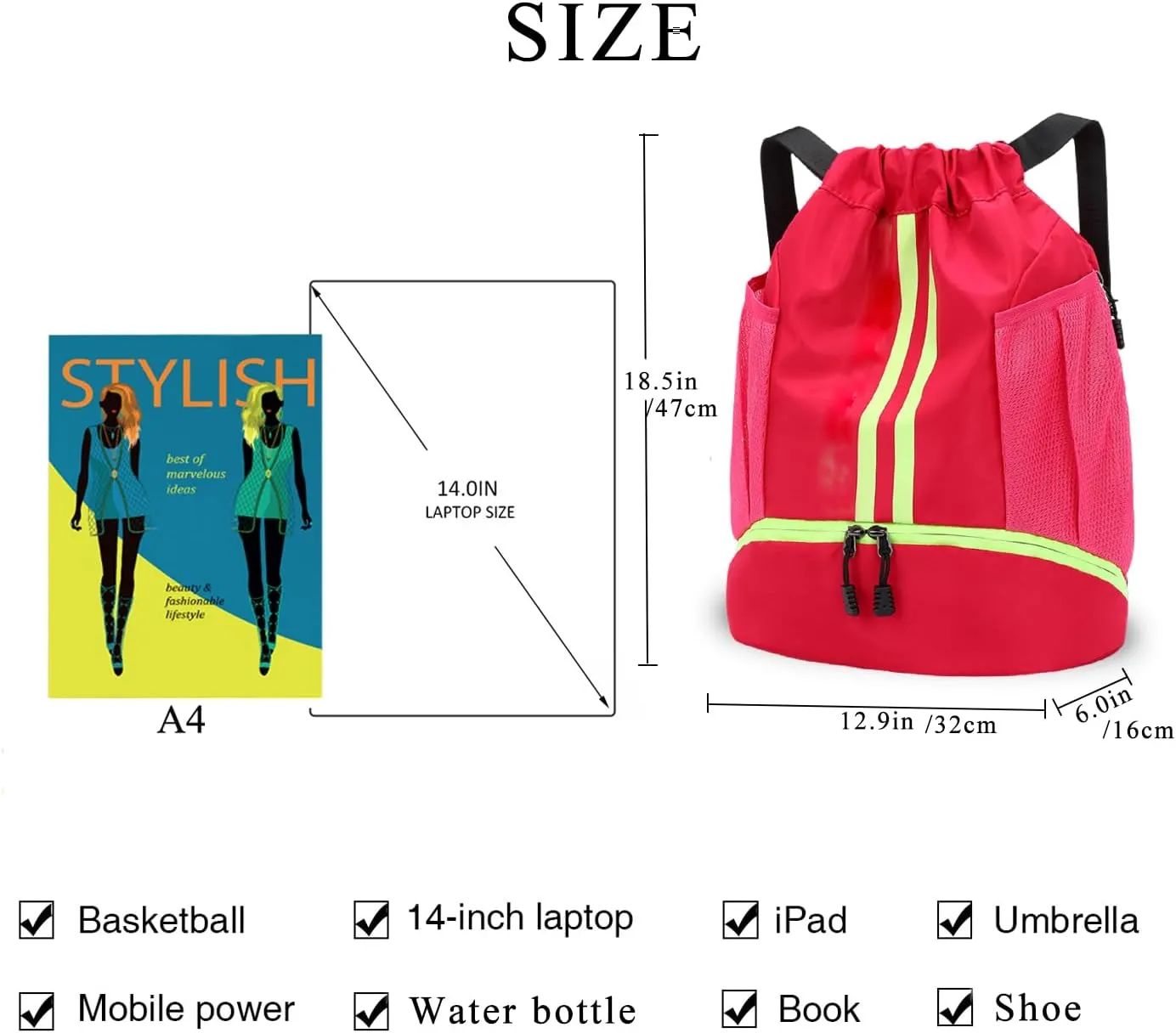 Sports Drawstring Backpack, Waterproof Swim Gym String Bag,Soccer Basketball Bag with Shoe Compartment for Men Women