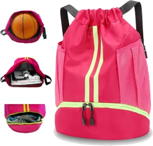 Sports Drawstring Backpack, Waterproof Swim Gym String Bag,Soccer Basketball Bag with Shoe Compartment for Men Women