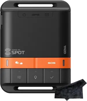 SPOT Gen 4 Satellite GPS Messenger | Handheld Portable Tracker for Hiking, Camping, Backpacking, Outdoor Activities | Signature Series Lens Cloth Bundle | Subscription Applicable