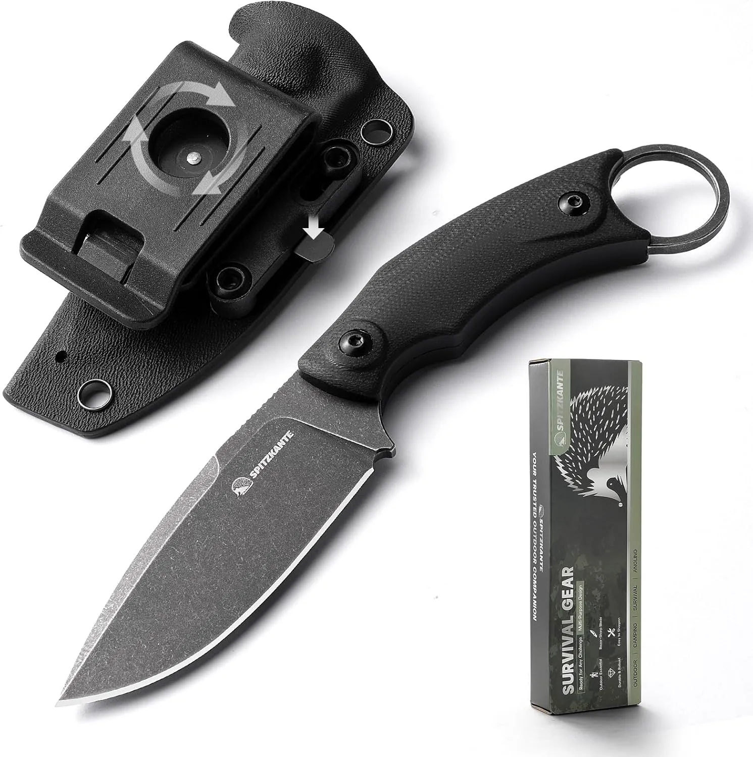 SSH-A Fixed Blade Survival Knife with Rotating Clip, D2 Steel Full Tang 6.92" Small EDC Horizontal Carry Tactical Knife with Kydex Sheath, Stonewashed Black – Micarta Handle