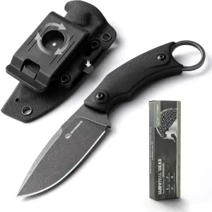 SSH-A Fixed Blade Survival Knife with Rotating Clip, D2 Steel Full Tang 6.92" Small EDC Horizontal Carry Tactical Knife with Kydex Sheath, Stonewashed Black – Micarta Handle