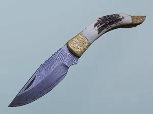 Stag Antler with Brass Art Work Exotic Scale 7.3" Long Damascus Folding Knife 4" Folded Hand Forged Custom Made, Thick Cow Leather Sheath