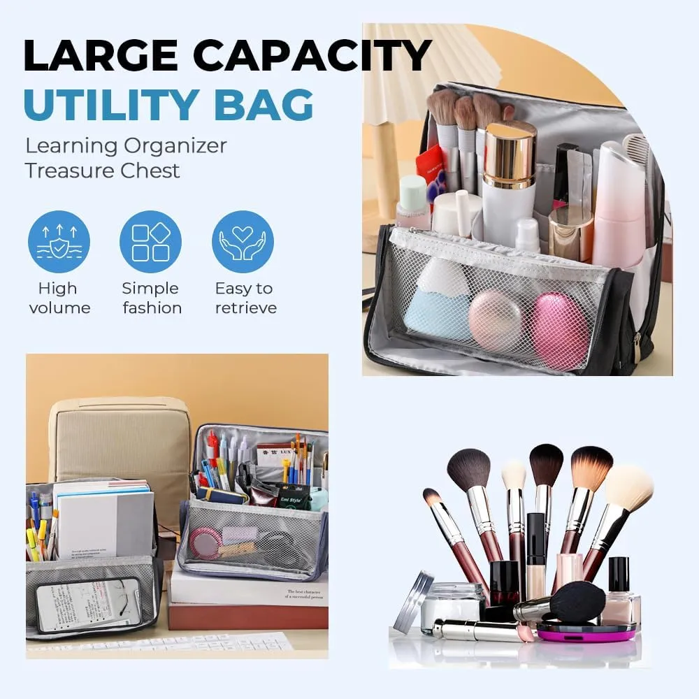 Standing Makeup Bag, 2025 New Multi-Purpose Large Capacity Oxford Cloth Standing Makeup Bag,Portable Toiletry Bag and Stationery Storage Organizer with Compartments (Black)