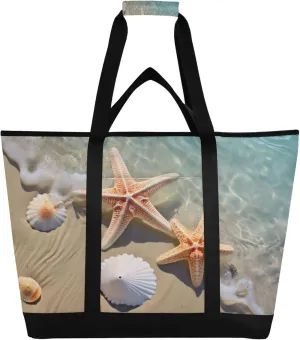 Starfish Shell Beach Reusable Insulated Cooler Bag with Ice Pack Compartment - Large 47L Waterproof Thermal Grocery Tote for Picnic Beach Camping Lunch Storage
