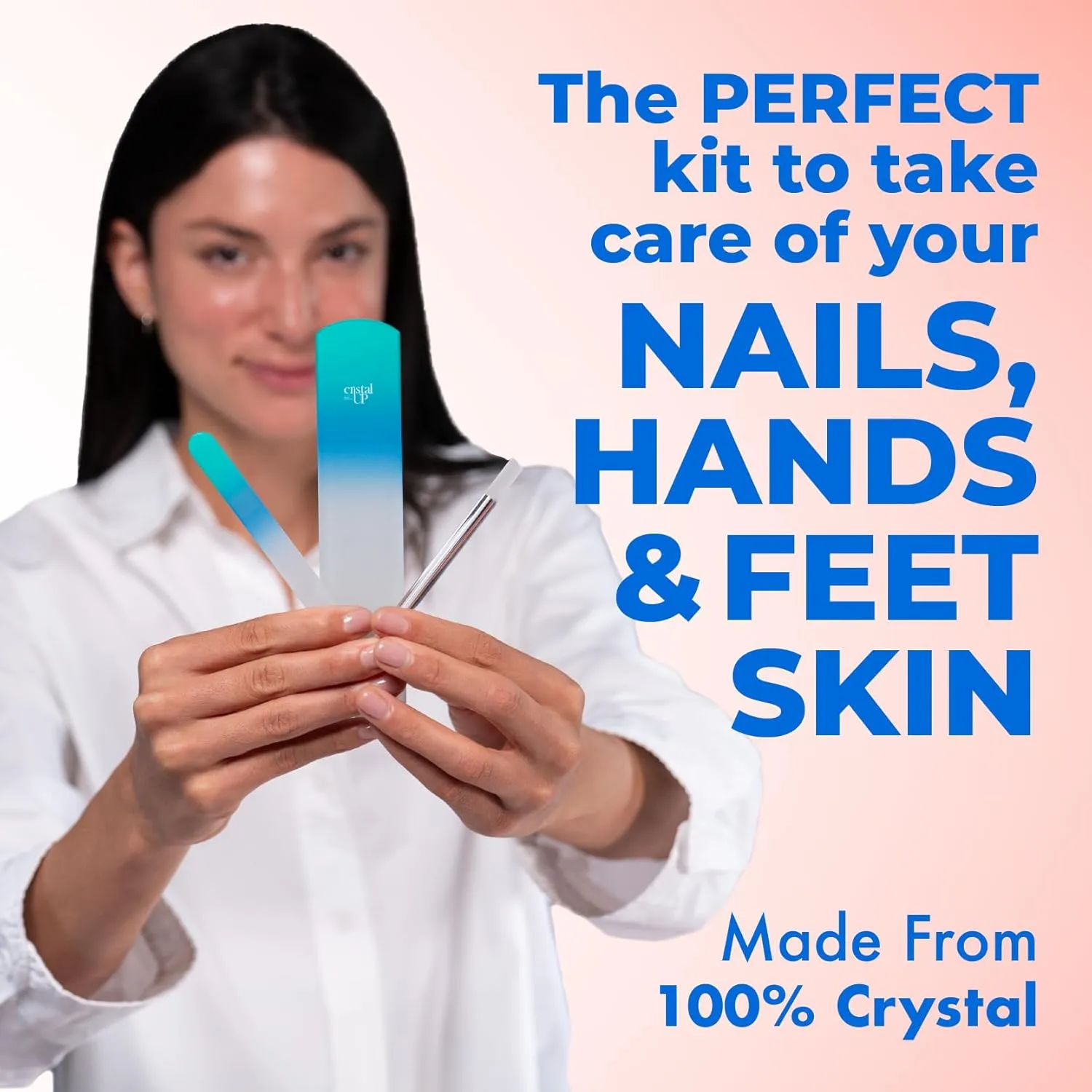 Starter Crystal Nail Set Care - 3PC Kit: Glass Foot Scraper, Medium Crystal Nail File, Cuticle Stick for Natural Nails