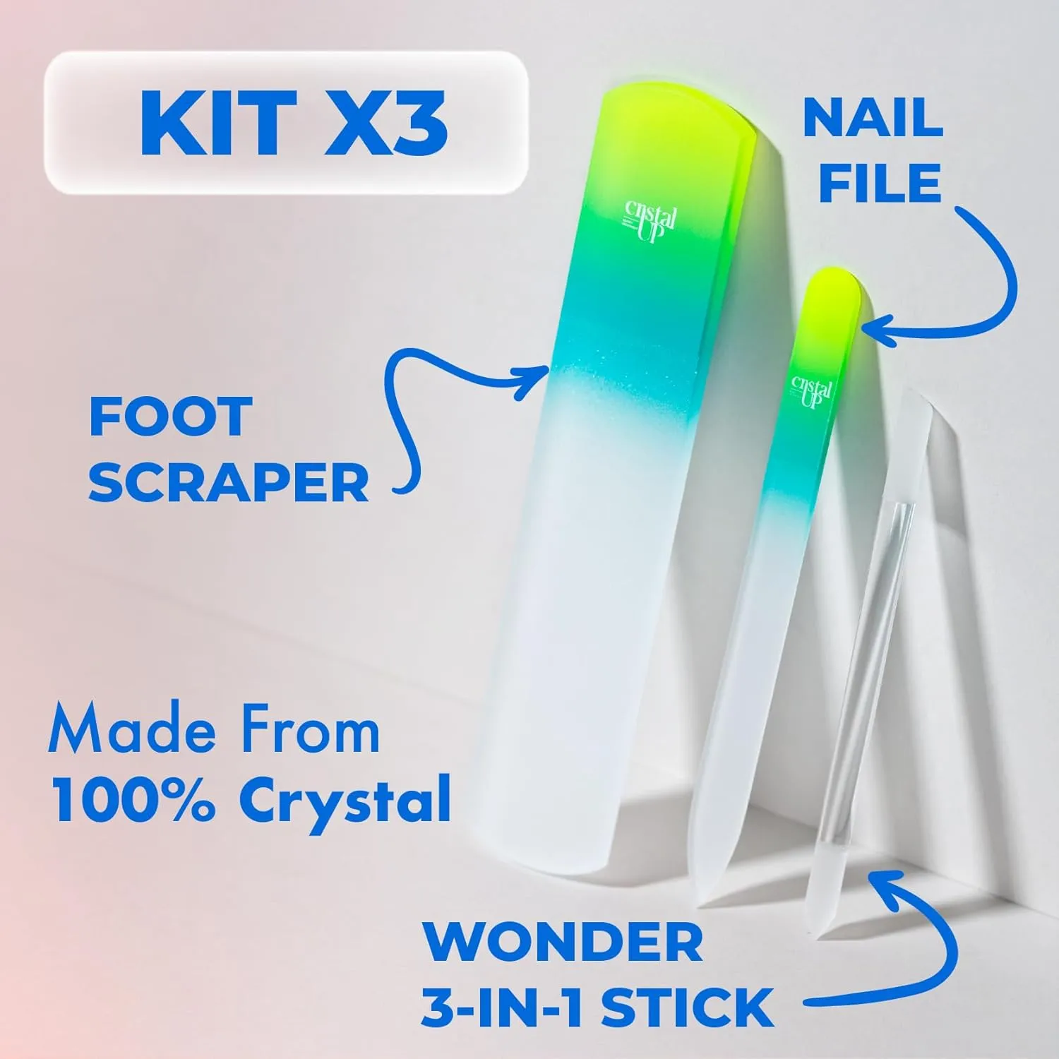 Starter Crystal Nail Set Care - 3PC Kit: Glass Foot Scraper, Medium Crystal Nail File, Cuticle Stick for Natural Nails