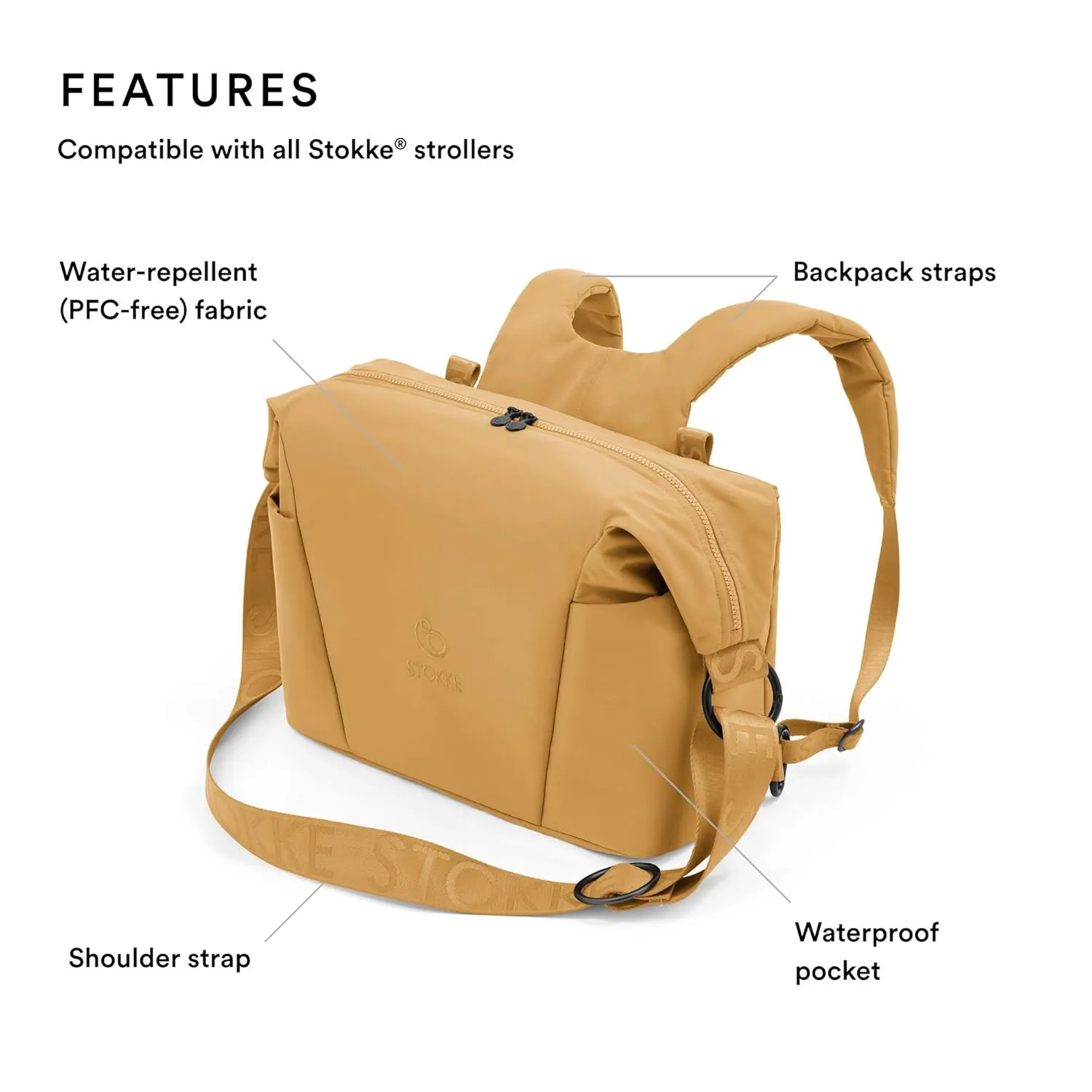 Stokke Xplory X Changing Bag, Golden Yellow - Doubles As Shoulder Bag or Backpack - Includes Foldable Changing Mat - UPF 50 , Water Repellent, Easy to Clean