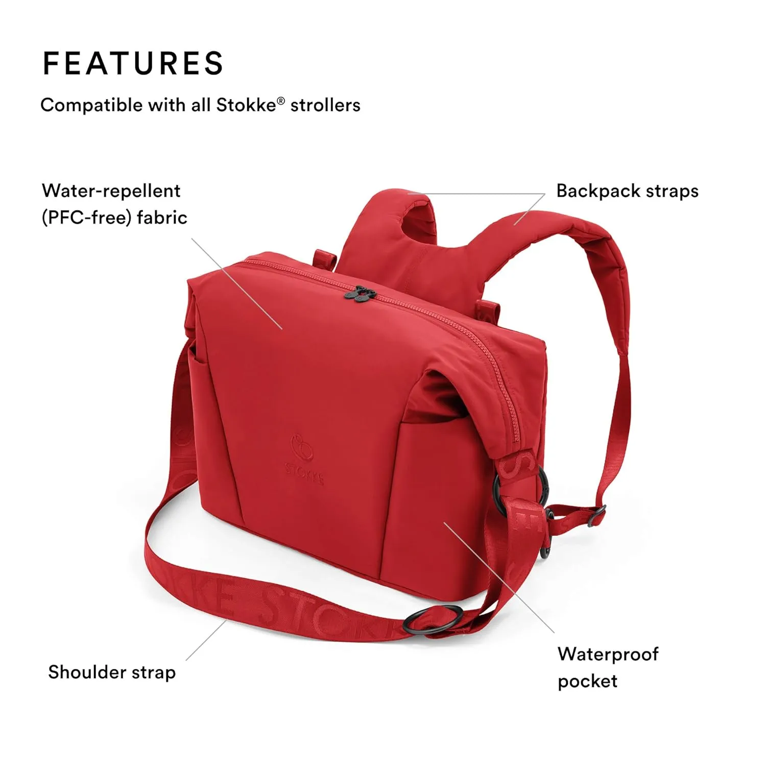 Stokke Xplory X Changing Bag, Ruby Red - Doubles As Shoulder Bag or Backpack - Includes Foldable Changing Mat - UPF 50 , Water Repellent, Easy to Clean