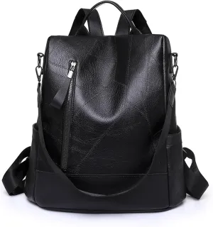 Stylish Leather Backpack Anti-Theft Travel Daypack for Women Lightweight Casual Shoulder Bag (Black)