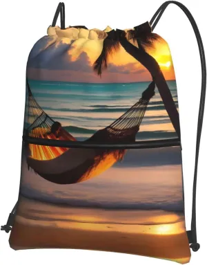 Sunset beach hammock Outdoor leisure zipper drawstring backpack, waterproof fabric, lightweight material, unisex