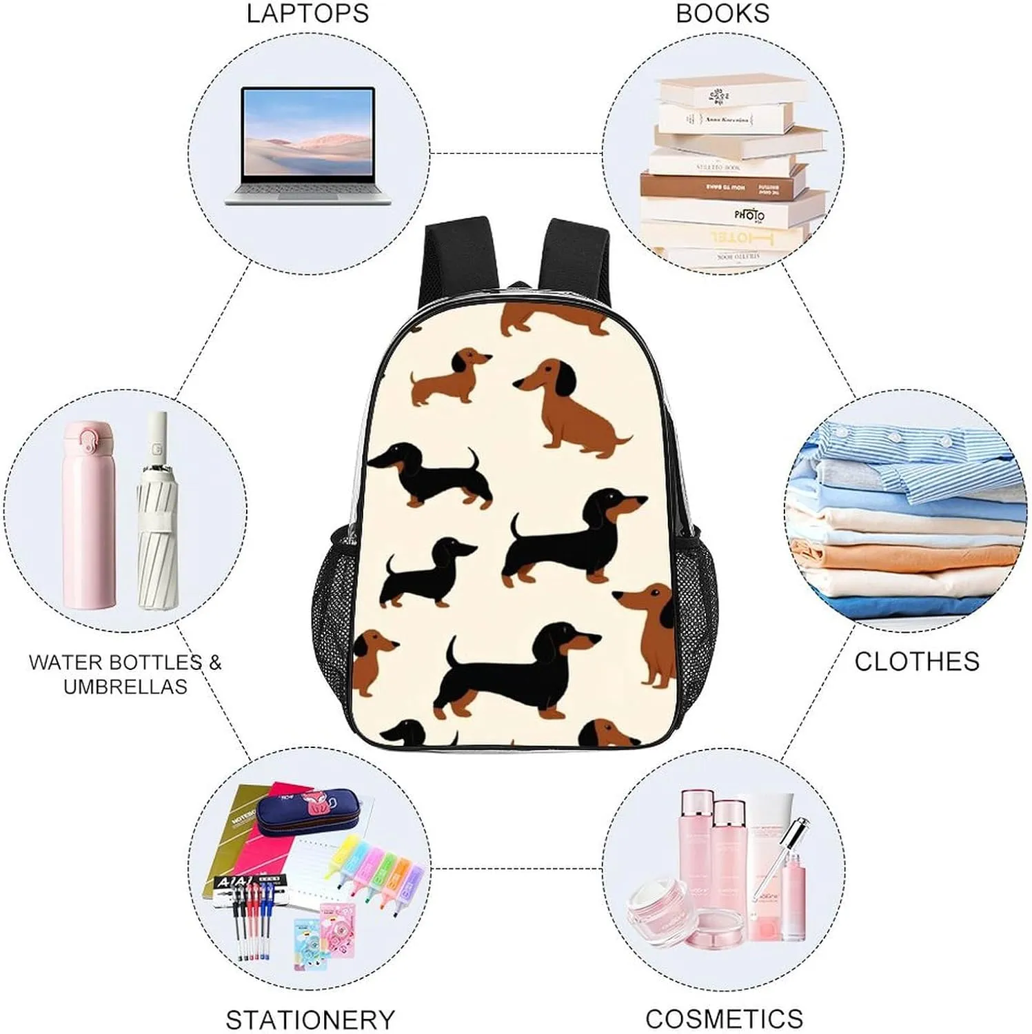 Supdreamc Lightweight Daypack Bookbag for Trekking Business Walking Cycling - Big Capacity Transparent Multipurpose Carry On Bag, Cartoon Dachshund Weiner Dog Pet Dogs Business Computer Bag