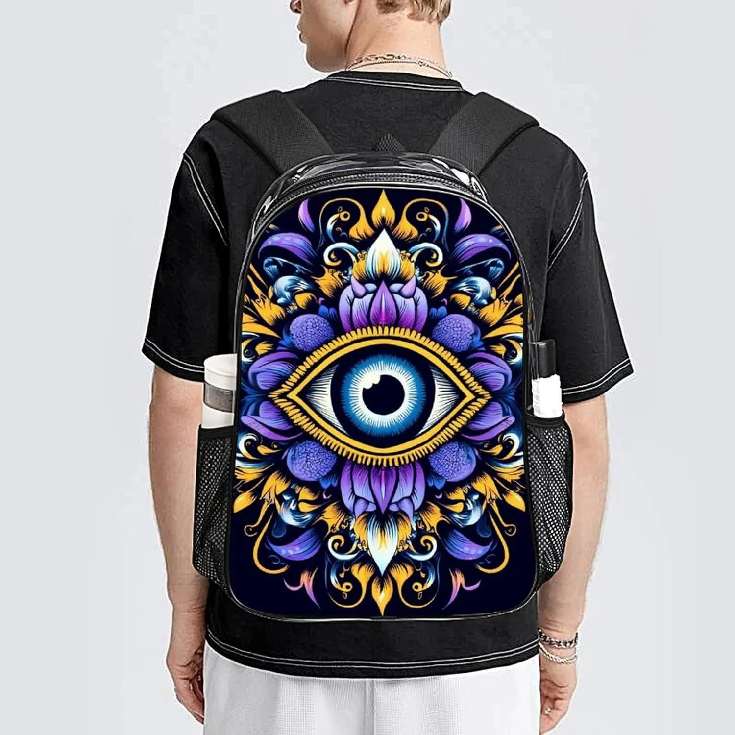 Supdreamc Men Women Lightweight Abstract Eye Boho Indian Ethnic Style Backpack Large Capacity Bookbag Transparent Bag for Gym Business Running
