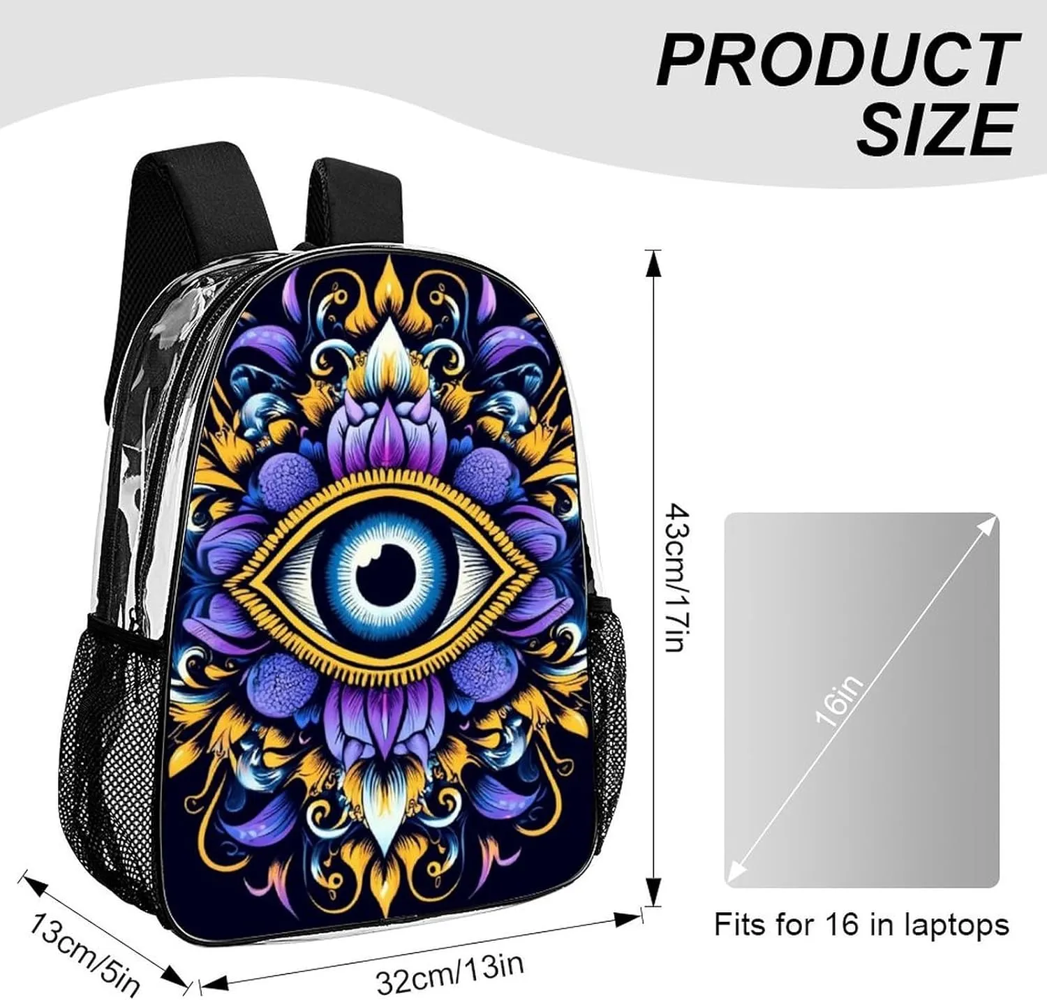 Supdreamc Men Women Lightweight Abstract Eye Boho Indian Ethnic Style Backpack Large Capacity Bookbag Transparent Bag for Gym Business Running