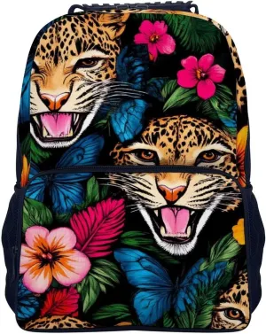 Supdreamc Polyester Daypack Backpack for Trekking Picnic Walking Cycling - Large Capacity Anti-Theft Multipurpose Shoulder Bag, Jungle Florals Cheetah Leopard Print Casual Daypack