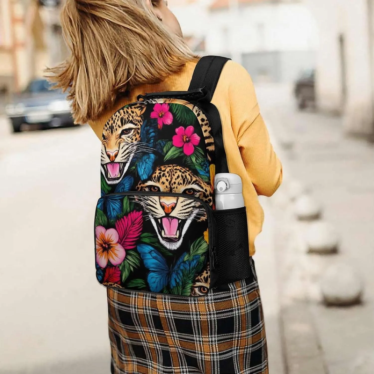 Supdreamc Polyester Daypack Backpack for Trekking Picnic Walking Cycling - Large Capacity Anti-Theft Multipurpose Shoulder Bag, Jungle Florals Cheetah Leopard Print Casual Daypack