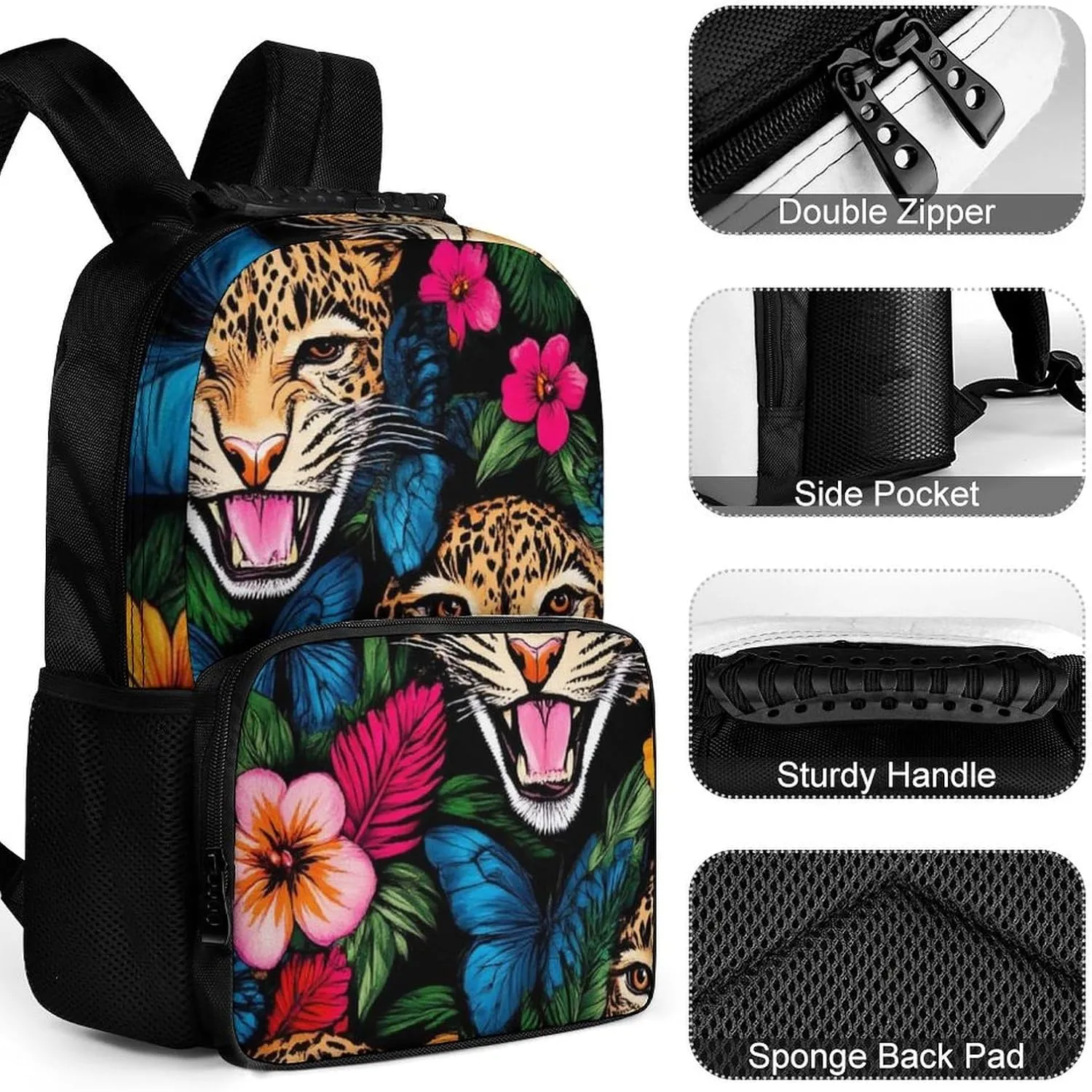 Supdreamc Polyester Daypack Backpack for Trekking Picnic Walking Cycling - Large Capacity Anti-Theft Multipurpose Shoulder Bag, Jungle Florals Cheetah Leopard Print Casual Daypack