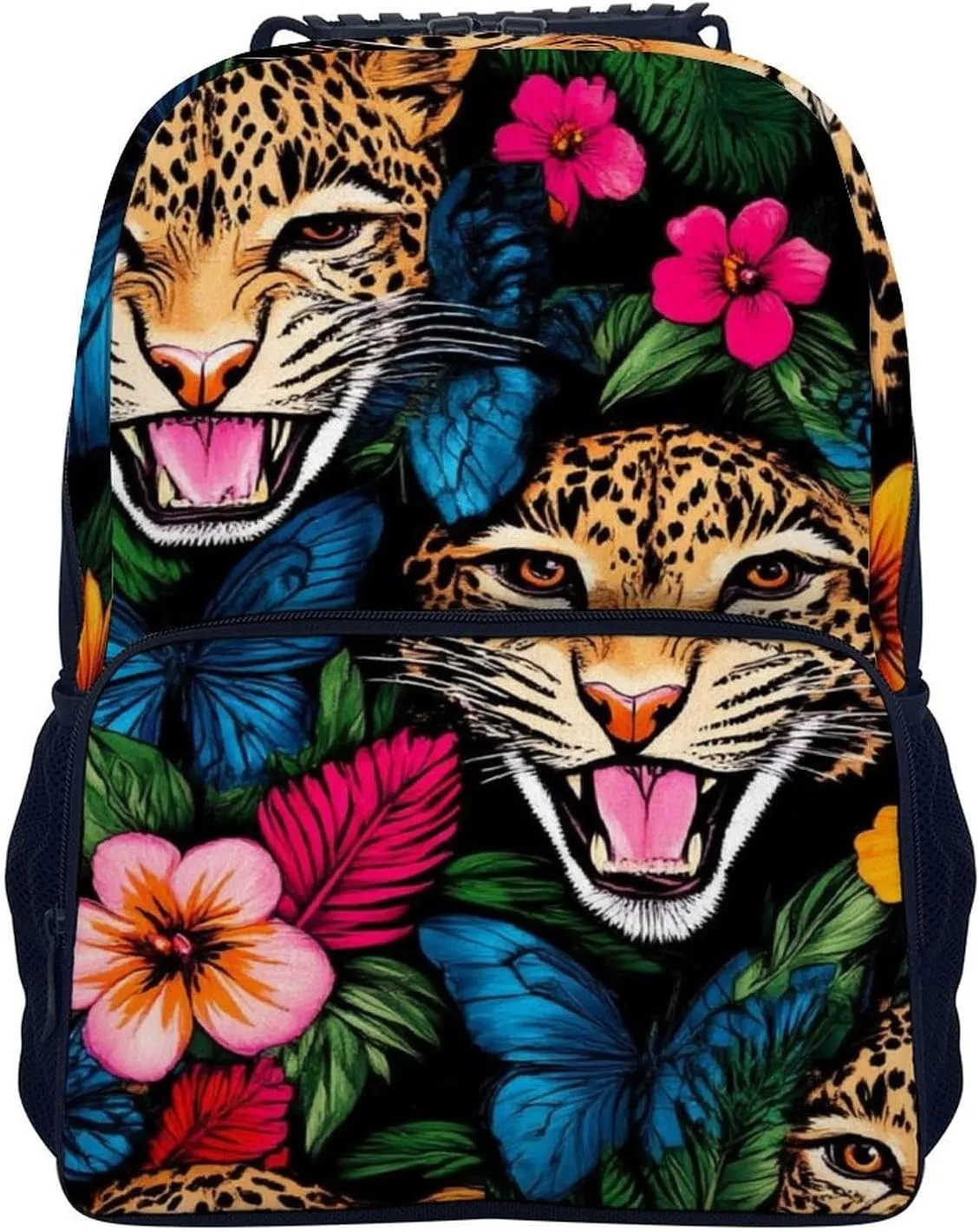 Supdreamc Polyester Daypack Backpack for Trekking Picnic Walking Cycling - Large Capacity Anti-Theft Multipurpose Shoulder Bag, Jungle Florals Cheetah Leopard Print Casual Daypack