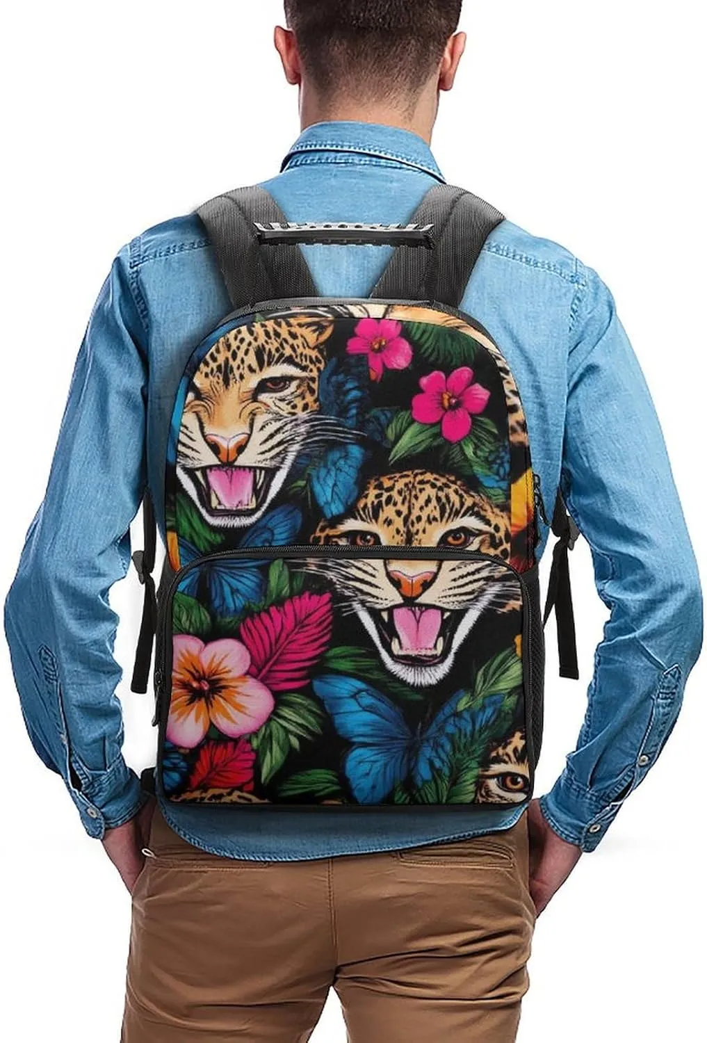Supdreamc Polyester Daypack Backpack for Trekking Picnic Walking Cycling - Large Capacity Anti-Theft Multipurpose Shoulder Bag, Jungle Florals Cheetah Leopard Print Casual Daypack