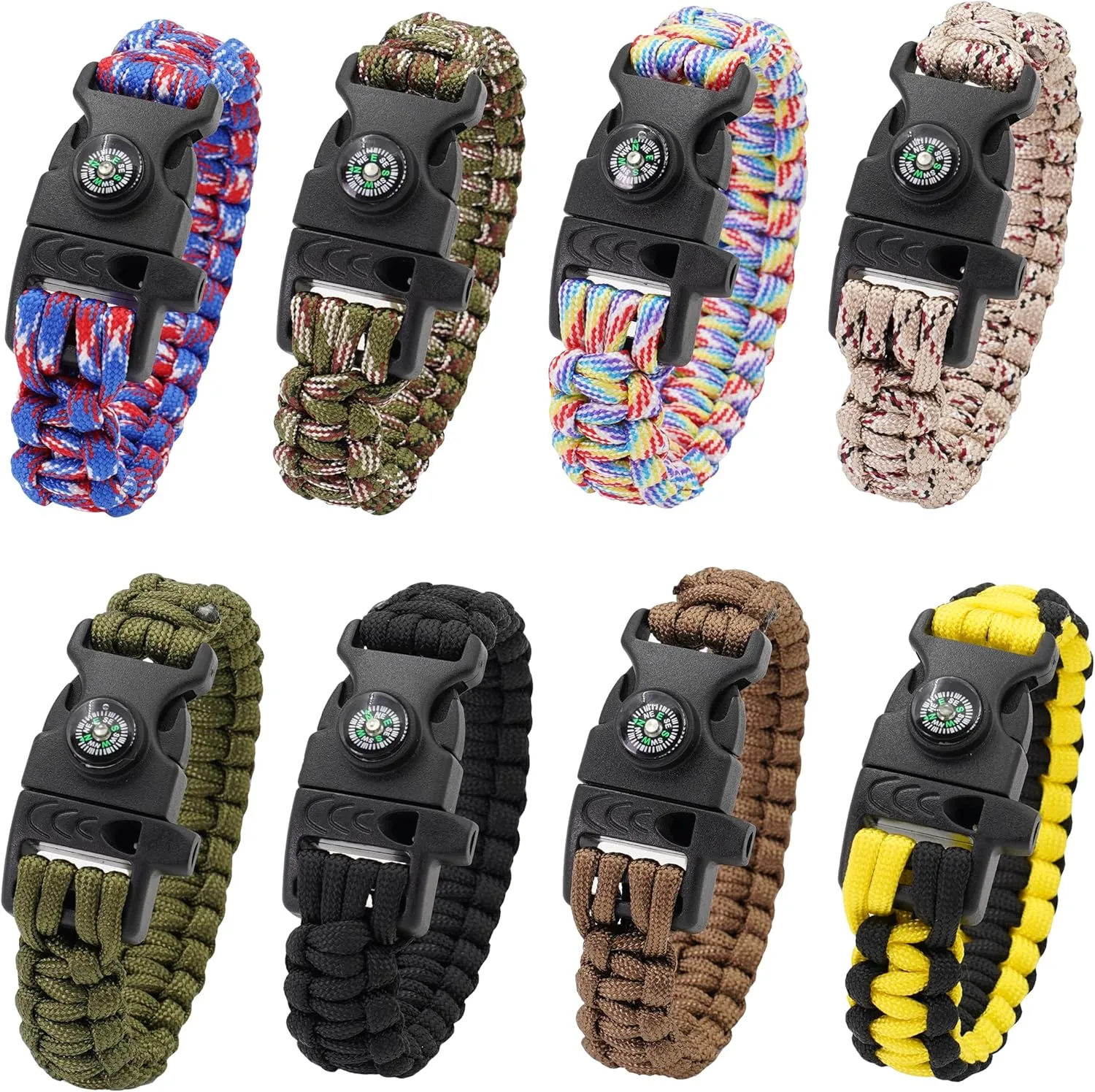 Survival Bracelet: Whistle, Compass, 8-Pack