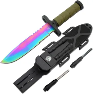 Survival Hunting Knife with Sheath, Fixed Blade Tactical Bowie Knife with Sharpener & Fire Starter for Camping, Outdoor, Bushcraft (Rainbow 5240-3)
