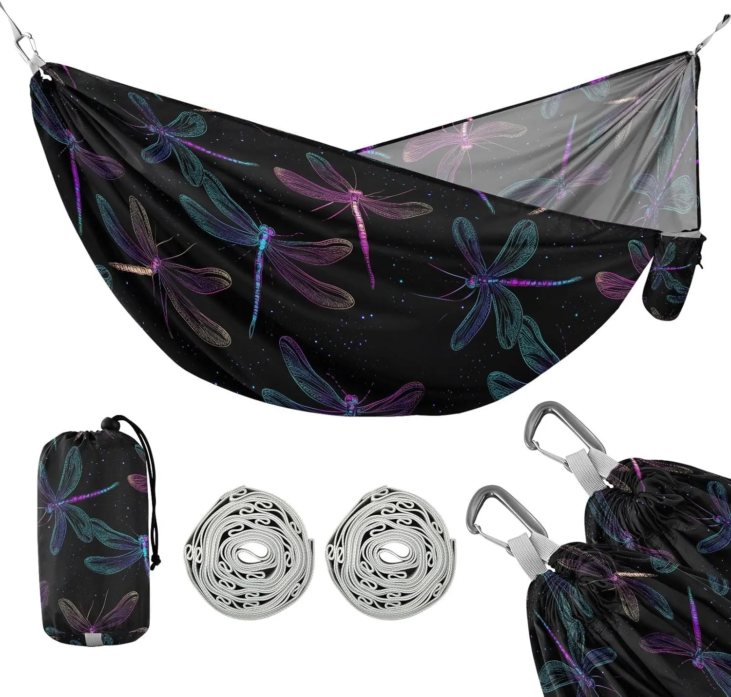 susiyo Portable Camping Hammock Neon Dragonflies Printed Lightweight Hammock Comfortable Travel Swing with Tree Straps for Camping Hiking Backpacking Travel or Beach - Up to 330lbs