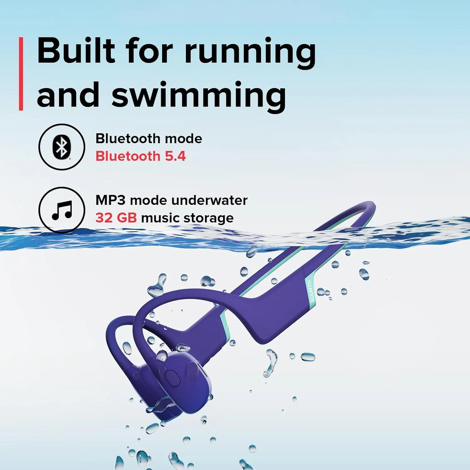 SUUNTO Aqua Light Swimming Open-Ear Bluetooth Headphone, 32GB MP3 Player for Running, Bone Conduction Headphone w/Dual-Mic, IP68 Waterproof, 10H Playtime & APP Support, 28g Lightweight, Reef Blue