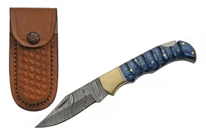 SZCO Supplies 6.5" Blue Grooved Wood Handle Lock Back Damascus Steel Folding Knife