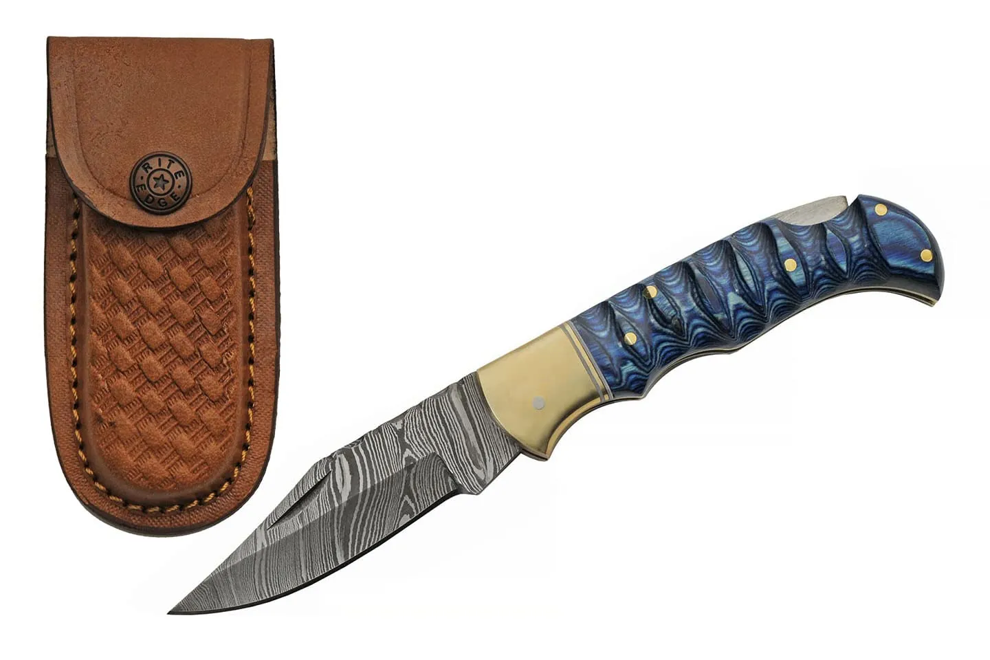 SZCO Supplies 6.5" Blue Grooved Wood Handle Lock Back Damascus Steel Folding Knife