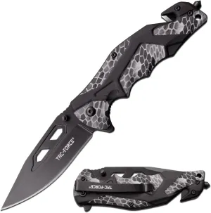 Tac-Force Folding Knife – Black Steel Blade, Black and Grey Snake Camo Aluminum Handle w/Glass Punch, Rope Cutter, Pocket Clip, Liner Lock, Tactical, EDC, Rescue - TF-1021GY