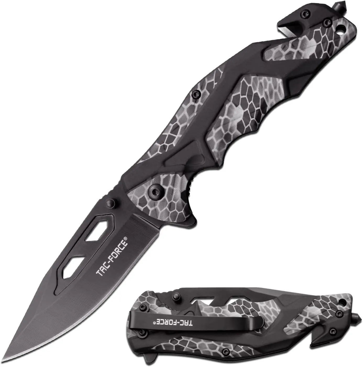 Tac-Force Folding Knife – Black Steel Blade, Black and Grey Snake Camo Aluminum Handle w/Glass Punch, Rope Cutter, Pocket Clip, Liner Lock, Tactical, EDC, Rescue - TF-1021GY