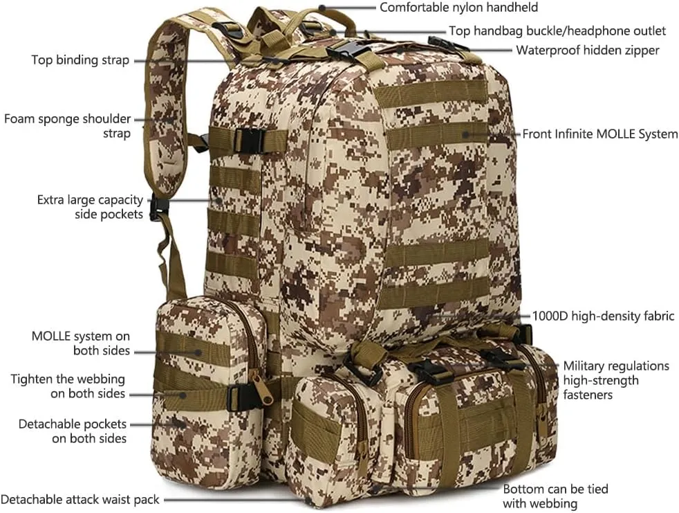 Tactical Backpack Military Army Rucksack 60L Large Assault Pack Detachable Molle Bag (Black)