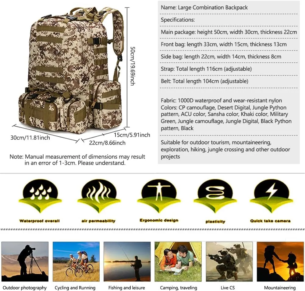 Tactical Backpack Military Army Rucksack 60L Large Assault Pack Detachable Molle Bag (Black)
