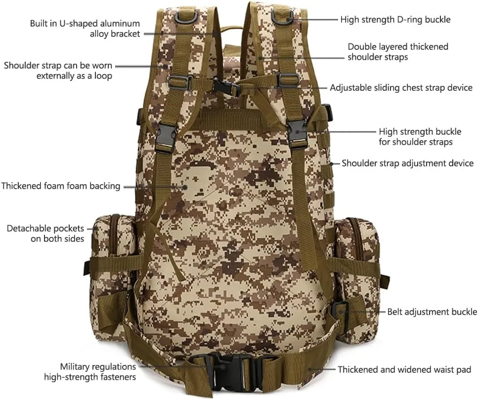 Tactical Backpack Military Army Rucksack 60L Large Assault Pack Detachable Molle Bag (Black)