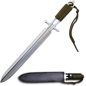 Tactical Fixed Blade Knife,Handwork Dagger,Survival Fight Sword,High Hardness 5MM Thickness Steel,14-INCH Overall,8.5-inchs Blade w/Nylon Sheath（Green Rope）