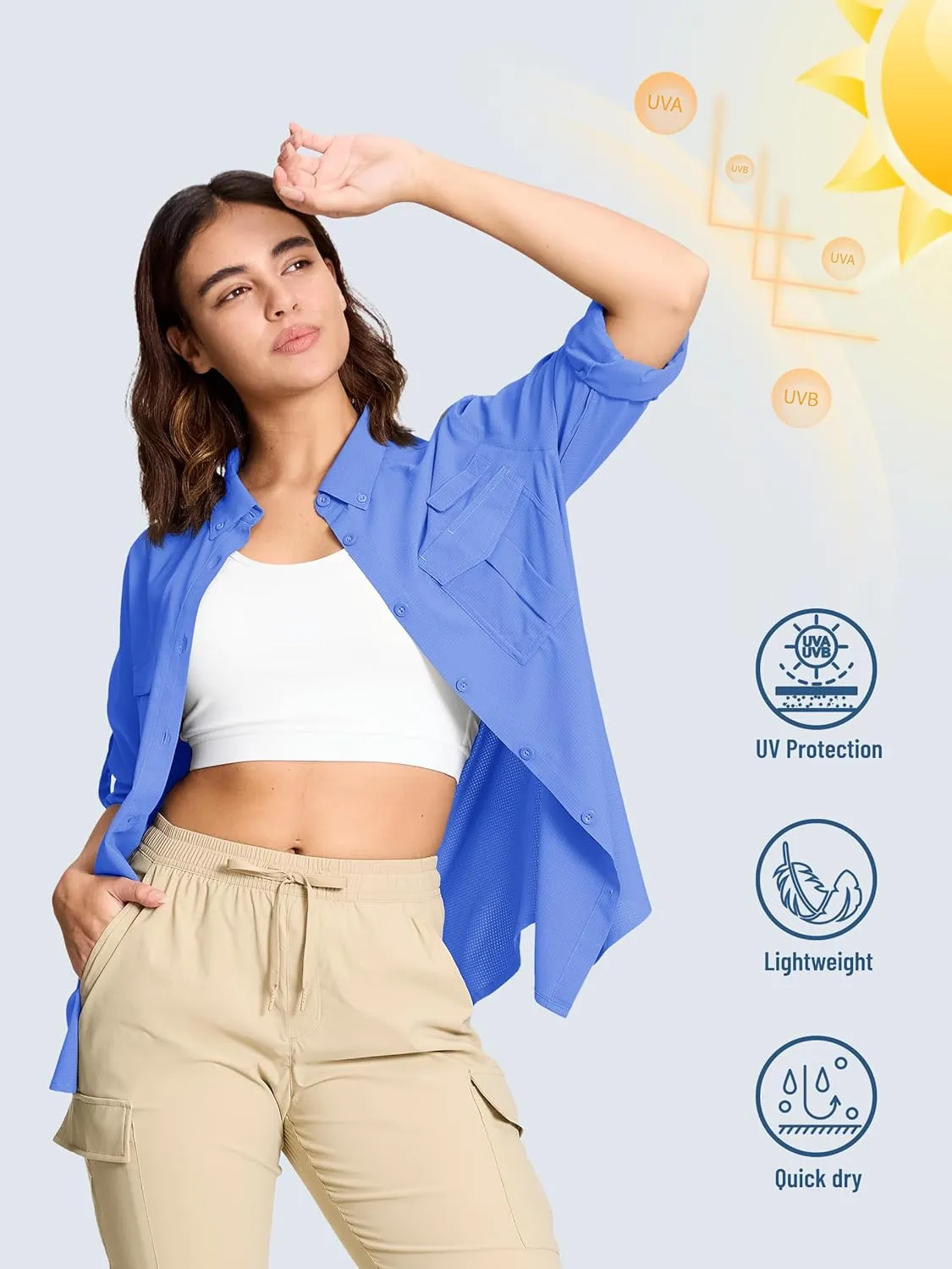 TACVASEN Women's Long Sleeve UV Sun Protection Safari Shirts Lightweight Quick Dry Hiking Fishing Button Down Shirts