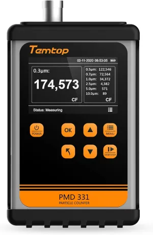 Temtop PMD331 Portable Particle Counter - Handheld Aerosol Dust Monitor, Detects 0.3μm-10μm Particles, ISO-21501 Certified, Professional Air Quality Detection for Cleanroom
