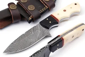 Tennessee Leather Best Merchants Knives Custom Handmade Hunting Knife Damascus Steel Survival Knife 8'' Overall Horn And Bone Handle With Sheath BM003 Horn And Bone