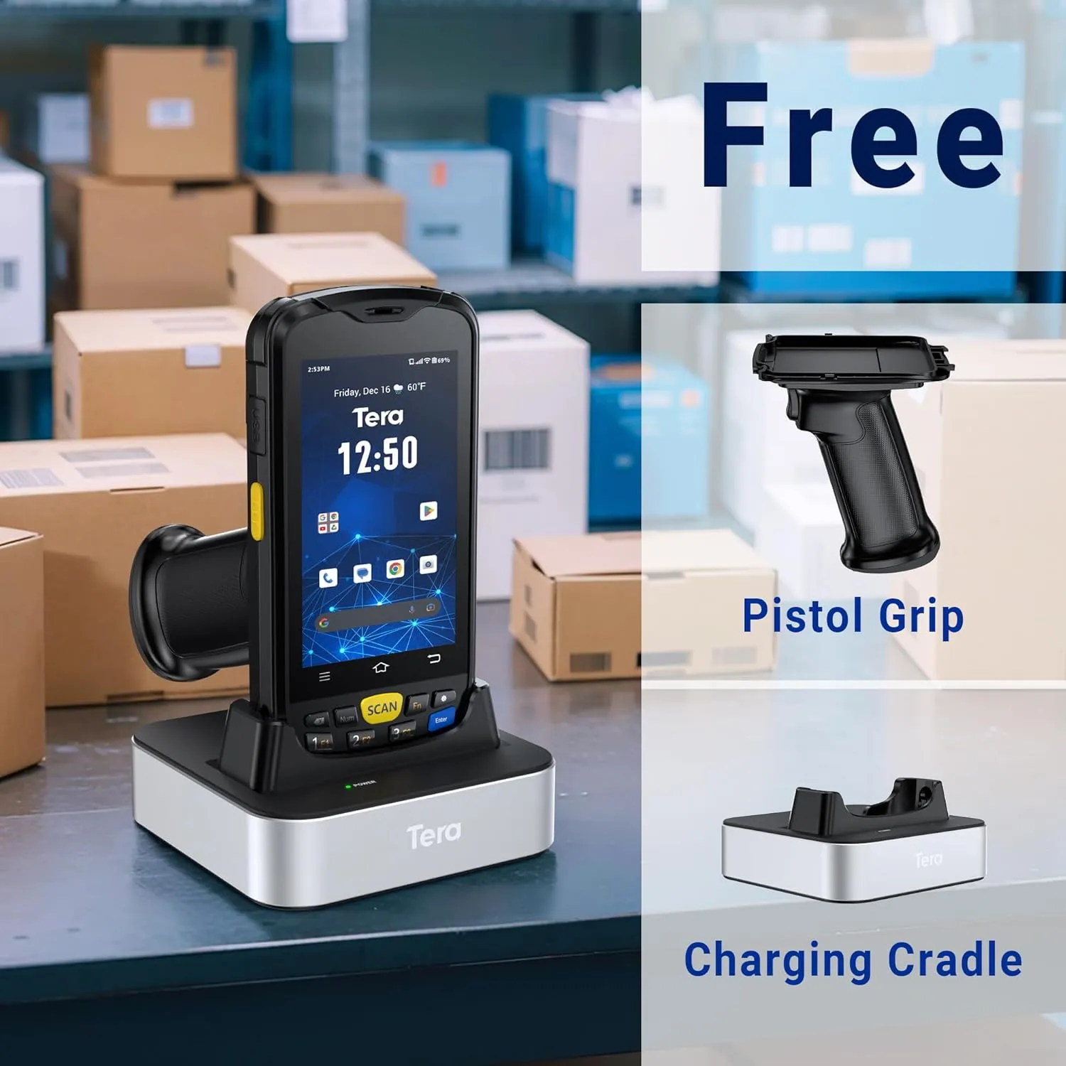 Tera Android Barcode Scanner Mobile Computer with Charging Cradle Pistol Grip, 1D 2D QR Zebra Scanner, Android 10 Handheld PDA Data Terminal, IP 65 Rugged 4G Wi-Fi GPS Works with Bluetooth Model P160