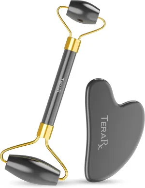 Terahertz Gua Sha & Facial Roller Set – 100% Authentic Terahertz Stone Face Roller to Reduce Puffiness, Improve Wrinkle Lines & Relieve Facial Tension – Perfect for Eye Massage and Relaxation
