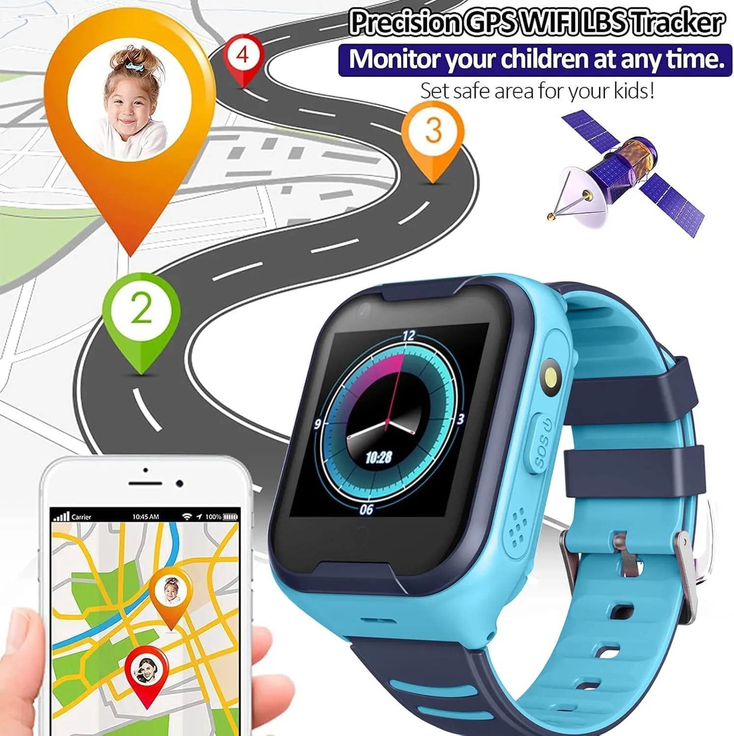 TEZILON Kids 4G GPS Smart Watch Real-Time Tracking Two-Way Phone Call GPS Tracker Waterproof Touchscreen Watch with Camera SOS Emergency Alarm Pedometer Tracker Watch Christmas Birthday 3-15 Present