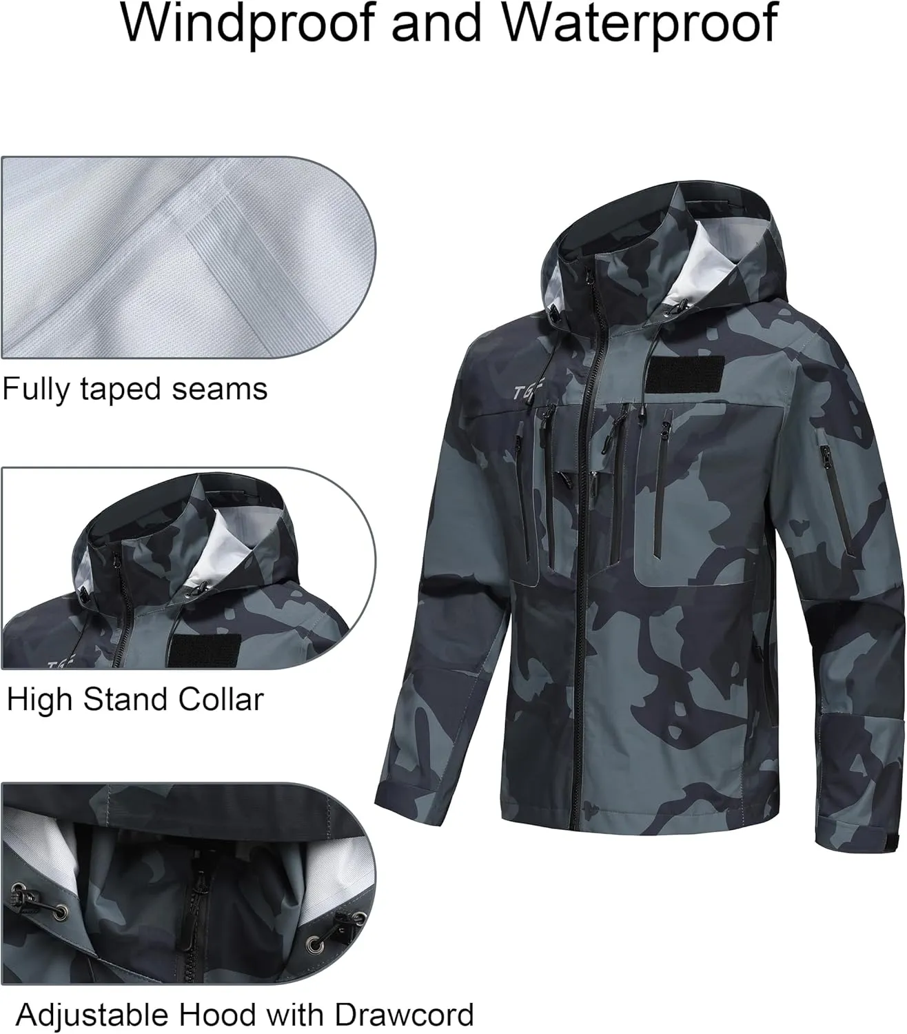 TGF Men's 9 Pockets Waterproof Rain Jacket Army Green Camo Lightweight Breathable Outdoor Jacket for Fishing Sailing Hiking