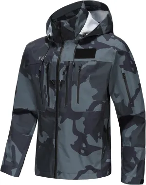 TGF Men's 9 Pockets Waterproof Rain Jacket Army Green Camo Lightweight Breathable Outdoor Jacket for Fishing Sailing Hiking