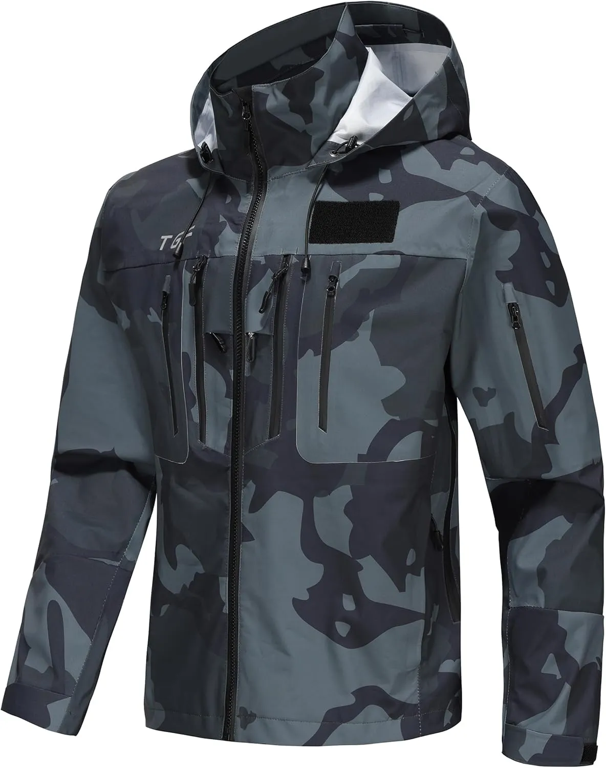 TGF Men's 9 Pockets Waterproof Rain Jacket Army Green Camo Lightweight Breathable Outdoor Jacket for Fishing Sailing Hiking