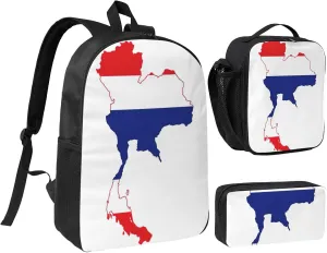 Thailand Flag Map print Backpack Set Casual Shoulder Bag Lunch Bag Pen Pouch 3 in 1 Set 17inch for Women Men College