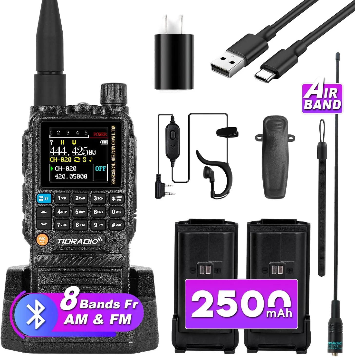 TIDRADIO TD-H3 GMRS Radio，Air Band and NOAA Weather Receiver & Scan Two Way Radio Survival Gear Rechargeable Long Range Handheld Radio 1 Pack-Black