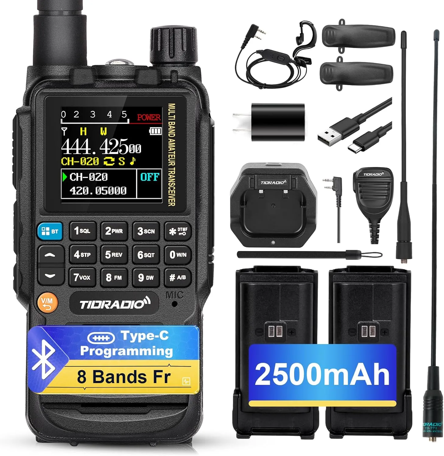 TIDRADIO TD-H3 Ham Radio Handheld,Type C & Wireless Programming,Multi-Band Portable Two Way Radio with AirBand Antenna&Speaker Mic,2Pcs Batteries,Frequency Match,DTMF FM NOAA SCAN Walkie Talkies-1Pack