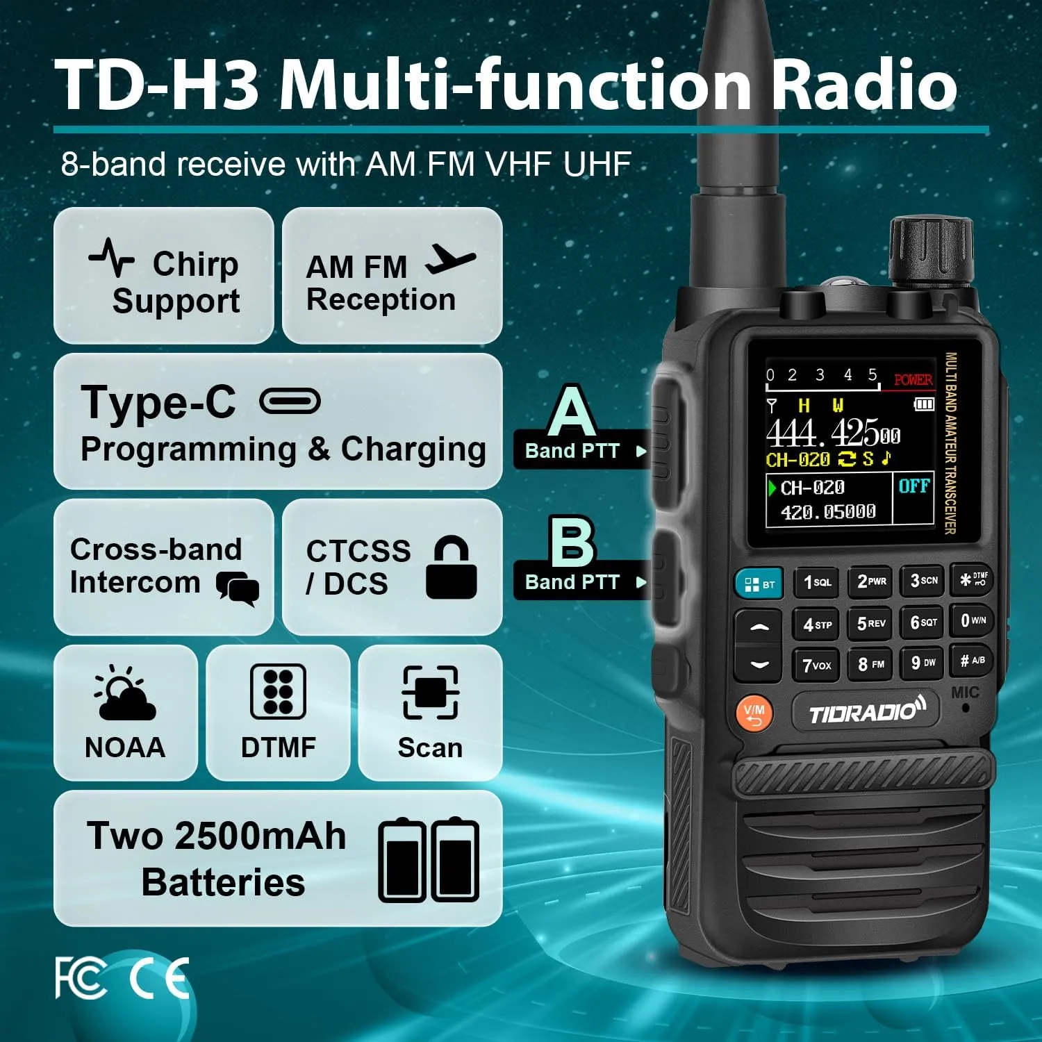 TIDRADIO TD-H3 Ham Radio Handheld,Type C & Wireless Programming,Multi-Band Portable Two Way Radio with AirBand Antenna&Speaker Mic,2Pcs Batteries,Frequency Match,DTMF FM NOAA SCAN Walkie Talkies-1Pack