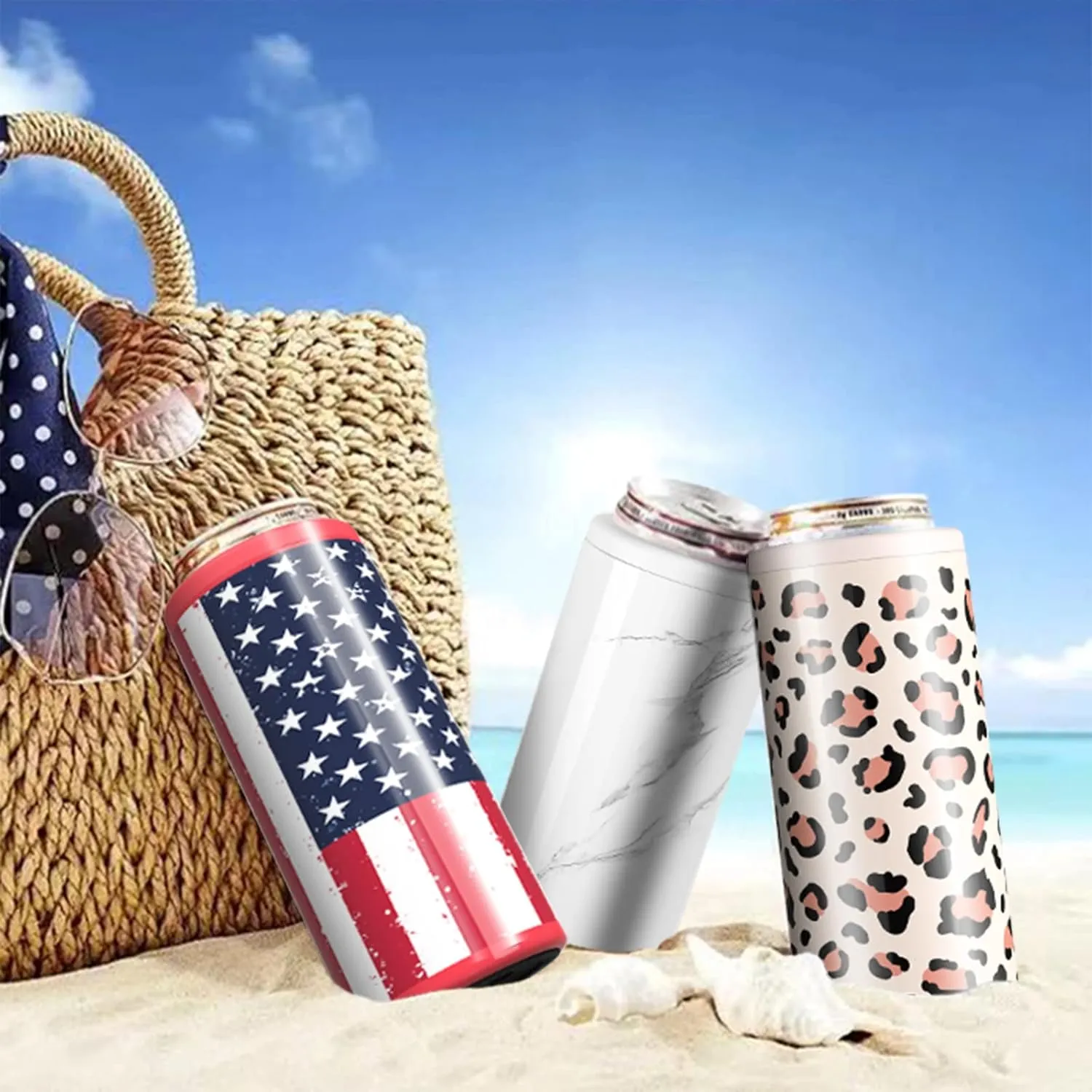 TILUCK Skinny Can Cooler for Slim Beer & Hard Seltzer, Stainless Steel, Doucle-Walled Stainless Steel Insulated Slim Cans, Standard 12 oz (U.S. Flag-01)